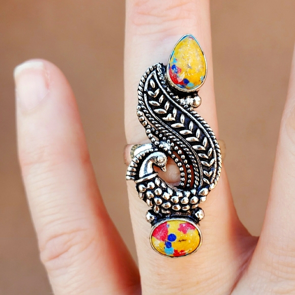 New Mosaic Jasper 925 Silver Peacock Ring. - Picture 1 of 14